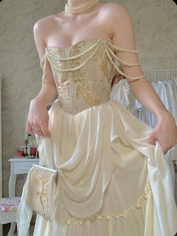 Stunning A Line Strapless Pearl Ivory Chiffon Satin Prom Dress Party Dress Evening Dress HZ1023